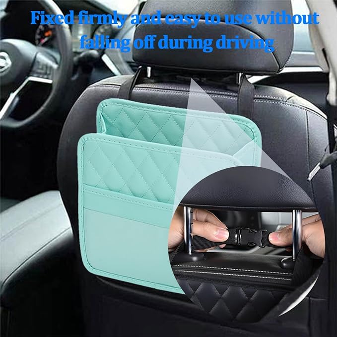 Car Seat Back Organizer, Foldable Leather Vehicle Backseat Storage Bag, Multifunctional Automotive Interior Hanging Pocket Accessories, Universal Fit (Green)