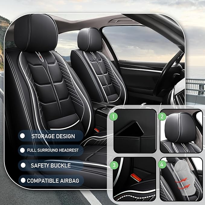 Leather Car Seat Covers Fit for Toyota Corolla 1997-2024, 5 Seater Car Seat Cover, Premium Waterproof, Scratch Resistant Car Interior Accessories (Full Set Black White)