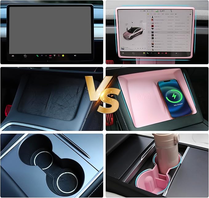 TOPABYTE 3PCS Center Console Accessories for Tesla New Model Y Juniper 2026 2025 Model 3 Highland 2024 Cup Holder Insert, Screen Edge Protector Frame, Wireless Charger Mat Silicone, Pink