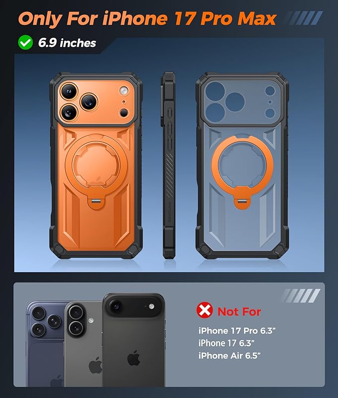 FNTCASE for iPhone 17 Pro-Max Case: [360 Spin Magnetic Ring Kickstand] [Compatible for MagSafe] [Screen Protector] Heavy Duty Military Grade Protection Protective Phone Case with Stand Orange