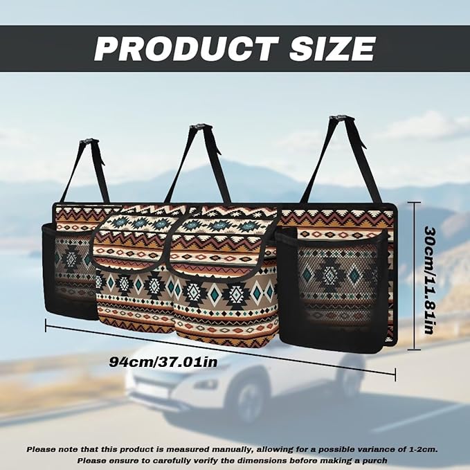 Aztec Car Trunk Organizer, Backseat Hanging Large Storage with Adjustable Straps & 4 Pockets, Waterproof Collapsible Cargo Bag Universal Car Interior Accessories