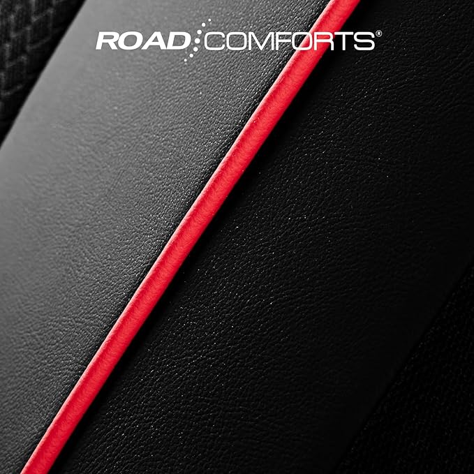 Road Comforts Car Seat Covers, Leather Front Seat Covers with Piping, Air-Cool Mesh Designed, Airbag Compatible Automotive Seat Covers for Most Car, Truck, Van, SUV - Black with Red Piping