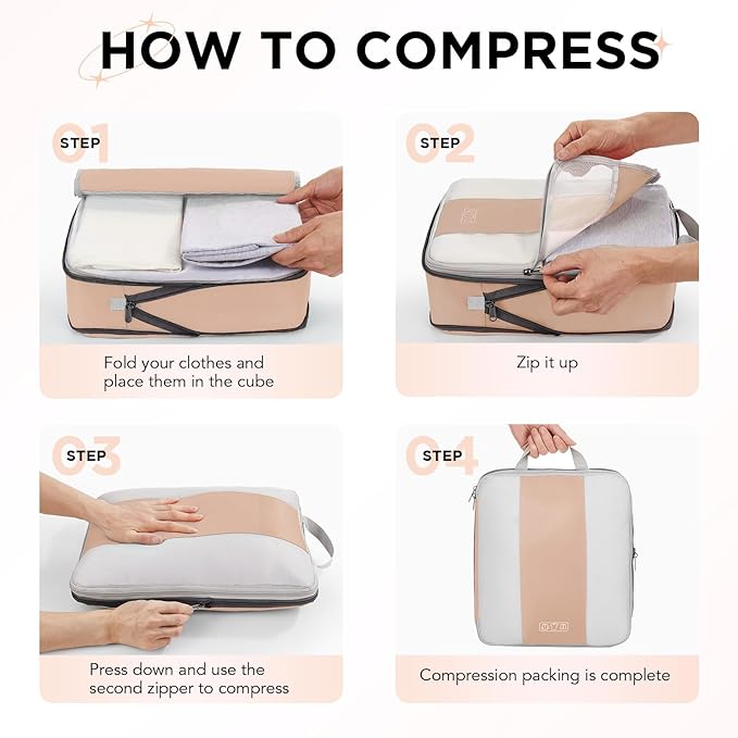 10 Set Compression Packing Cubes for Travel Essentials,Compressible Expandable Packing Cubes for Suitcase,OlarHike Luggage Organizer Bags for Travel,Handy Helper for Organizing Clothes(Gold)