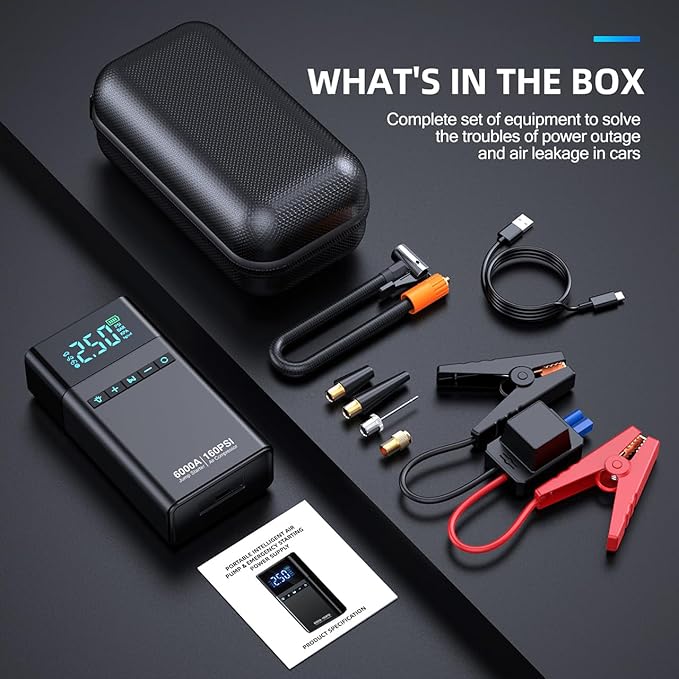 10-in-1 Portable Car Battery Jump Starter with Air Compressor, 6000A 160PSI Portable Car Jumper Starter (All Gas 12L Diesel), 12V Jump Box Car Battery Jump Starter with Jumper Cables, Lights