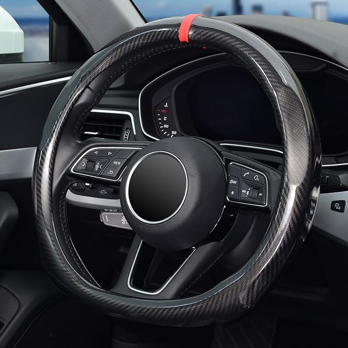 ZHOL Steering Wheel Cover Carbon Fiber, D Shaped Car Wheel Cover 14 1/2-15 in (37-39 cm), Black