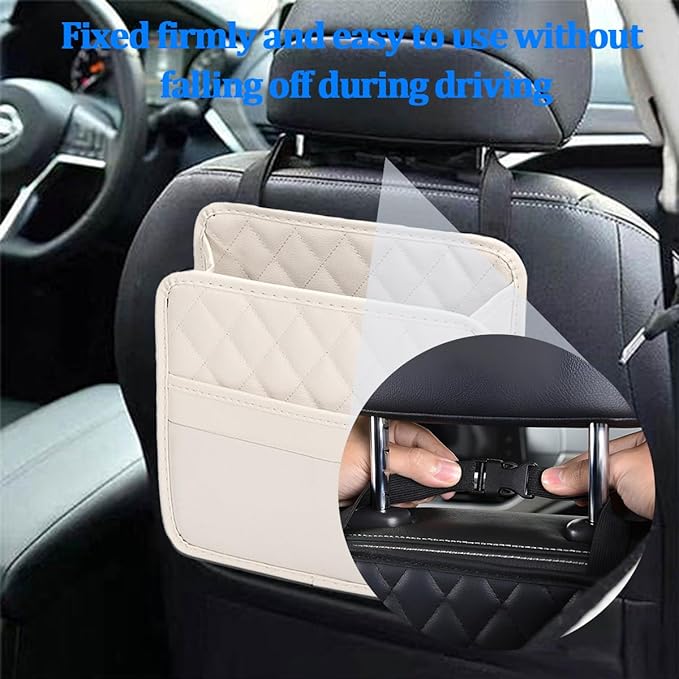 Car Seat Back Organizer, Foldable Leather Vehicle Backseat Storage Bag, Multifunctional Automotive Interior Hanging Pocket Accessories, Universal Fit (Beige)