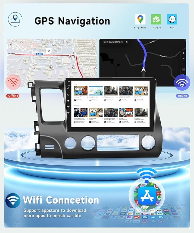 8 CORE 4G+64G Car Radio Stereo for Honda Civic 2006-2011 with Wireless CarPlay/Android Auto, 10.1 Inch 1280 * 720P IPS Touch Screen Android 13 GPS WiFi Bluetooth 32-Band DSP HD Rear Camera
