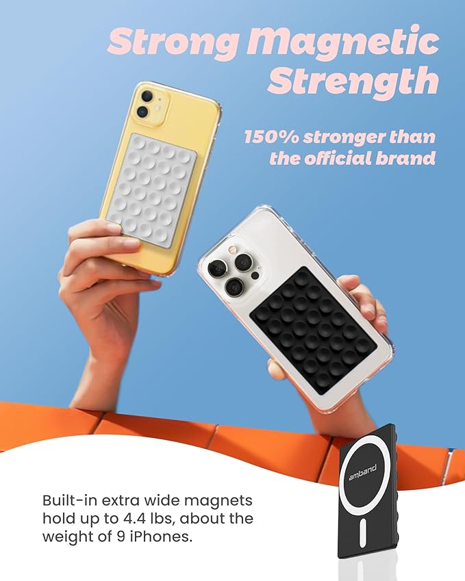 amBand Magnetic Sticky Phone Suction Grip for MagSafe, Removable for Wireless Charging, Durable Magnet Silicone Portable Mount Stand for iPhone 12 13 14 15 16 17 Series, Hands-Free Video/Selfie, Black