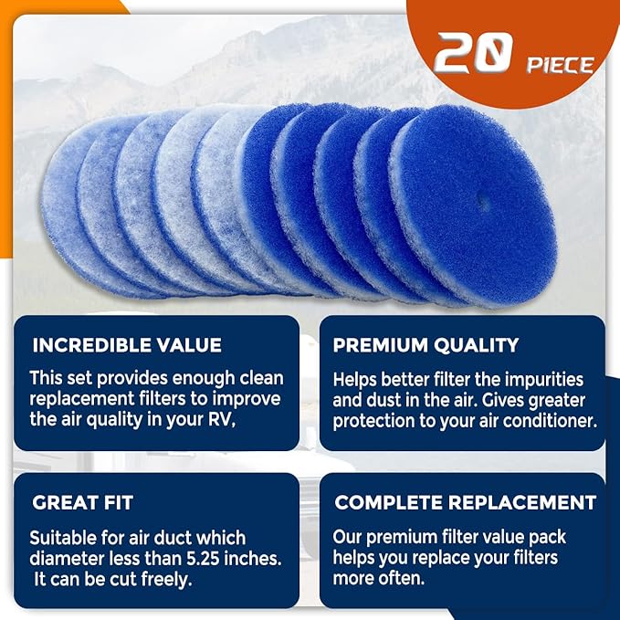 20 Pack RV Air Conditioner Filter 5.25” Round RV AC Filters Replacement with Central Hole MERV 8 Rated RV Air Vent Filters
