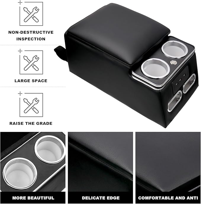 Sporacingrts Center Console Armrest Organizer with LED Light, USB Port, Cup Holders, Armrest, Padded Top Lid - Ideal for Business Upgrade Center Console Organizerand