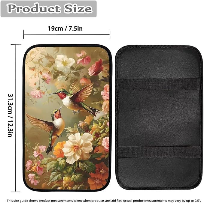 Colorful Flower Hummingbirds Thin Car Armrest Pads Auto Armrest Box Cover Comfortable Middle Storage Organizer Pad Universal Style Car Accessories Decor
