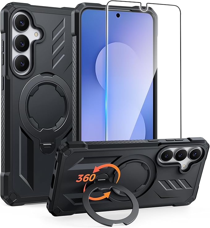 FNTCASE for Samsung Galaxy S25-FE Case: with [Magnetic Ring Kickstand] [Screen Protector] [Compatible with MagSafe] [Military-Grade Drop Protection] Heavy Duty Full Body Protective Phone Cover Black