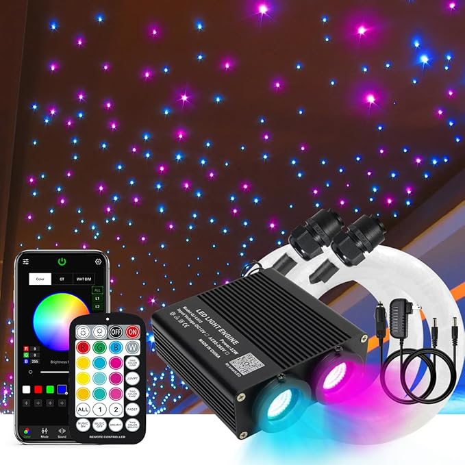 AKEPO 2 Light Color 32W Dual-Head RGBW Music Activated Fiber Optic Lights, 670pcs of Mixed Optical Fibers in 13.1ft+ Small APP Control Fiber Optic Star Ceiling Light Kit for Car Headliner Star/Home