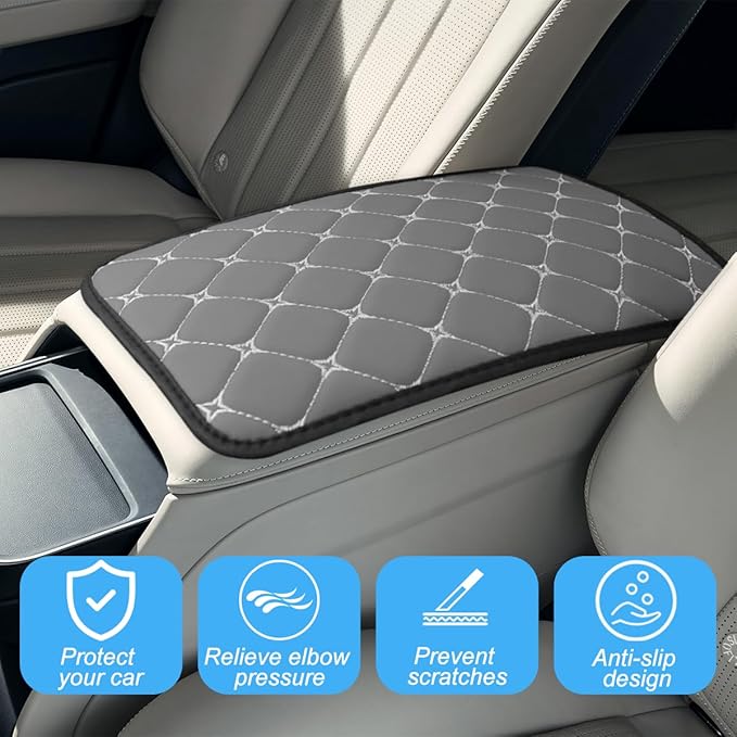 Car Center Console Cushion Pad, PU Leather Vehicle Armrest Cover Protector, Anti-Scratch Automotive Interior Arm Rest Seat Box Mat Accessories, Universal for SUV Sedan Truck (Gray)