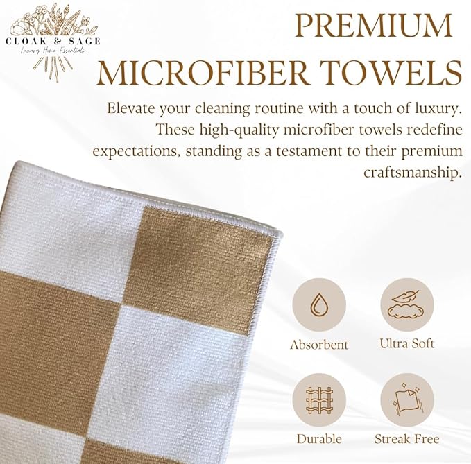 Microfiber Cleaning Cloths 13x13 – Lint-Free, Streak-Free Reusable Towels for Kitchen, Glass, Bathroom & Car | Cloak & Sage