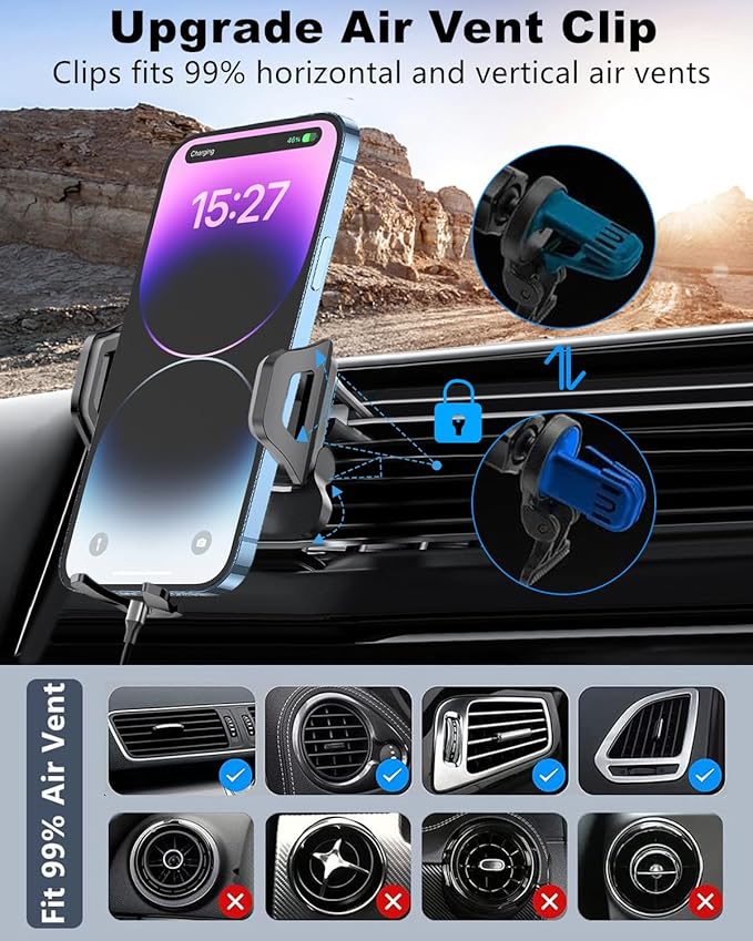 3 in 1 Car Phone Holder Charger Mount, 60W USB C Car Mount Charger Fast Charging for iPhone 14/13/12 + 4FT Type C Cable, Car Accessories, Air Vent Fast Charge Cell Phone Stand Car Mount for iPhone