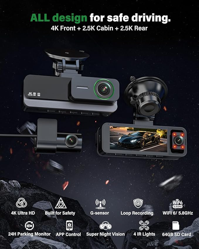 4K+2.5K+2.5K 3 Channel Dash Cam - Front/Rear/Inside - 5.8GHz WiFi 6 Dashcam with IR Night Vision, 64GB Card, 24H Parking Mode, G-Sensor - Car Dash Cam for Rideshare & Taxi