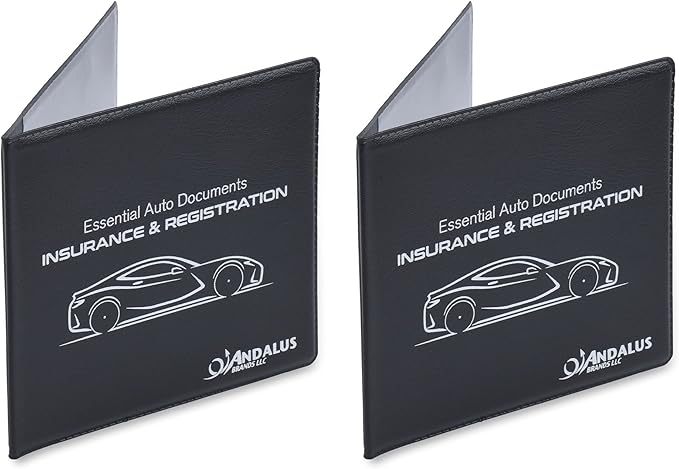 Andalus Auto Registration & Insurance Card Holder Pack of 2, Waterproof Essential Car Registration Holder with Hook & Loop Closure, Perfect for Every Vehicles Glove Boxes (Black - 5 1/8" x 4 5/8")