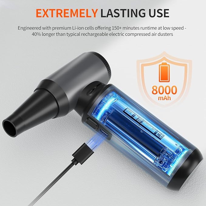 Compressed Air Duster - 300000RPM Brushless Motor Cordless Blower, 8000mAh Rechargeable, 3-Speed Electric Duster for Computer, Keyboard, Car, Home Cleaning