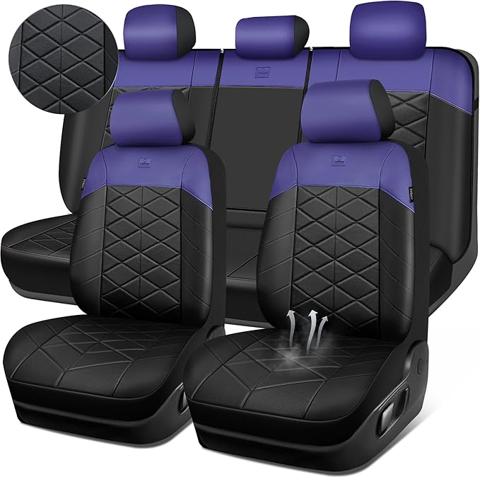 CAR PASS Nappa Leather Seat Covers for Car, Waterproof Seat Covers Full Set, Luxury 3D Rhombus Lined Sponge Airbag Compatible Universal Fit for Automotive SUV Truck Pickup Sedan, Black Blue
