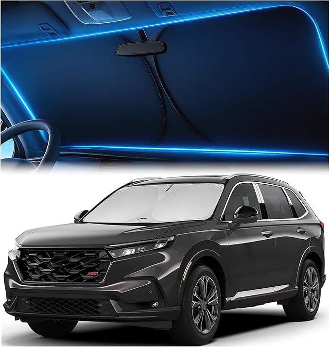 Windshield Sunshade for Honda CRV 2023, 2024, 2025-2026 - Innovative No-Light-Pass Technology, Mirror Cut-Out, Blocks 99% UV Rays, Fade-Resistant, Easy-Fold CR-V Windshield Sun Shade