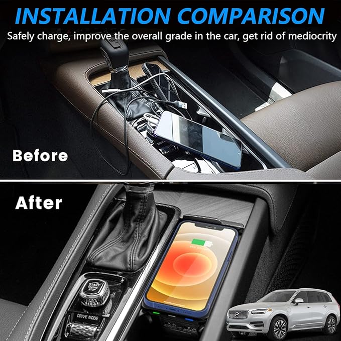 Wireless Car Charger for Volvo XC90 XC60 S90 S60 V90 V60 2017-2022 Hybrid SPA Accessories, 15W Fast Charging Phone Charger Pad with QC3.0 USB Port for iPhone 12/13/13 Pro Galaxy S22/S21