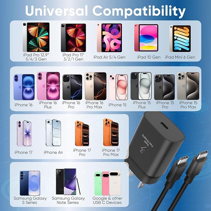 iPhone 16 15 Charger Fast Charging, 30W USB C Charger Block 10FT Cable for iPhone 15 16 Plus Pro Max/iPad Pro/AirPods, PD USBC Power Adapter Wall Plug with Extra Long Type C to C Cord (Black, 10FT)
