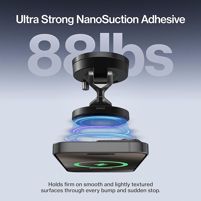 Statik HyperMount Pro Phone Mount, Magnetic Phone Holder, 15W Wireless Charging, MagSafe Car Mount, Works on Smooth & Lightly Textured Surfaces, iPhone and Android Compatible, Charging Cable Included