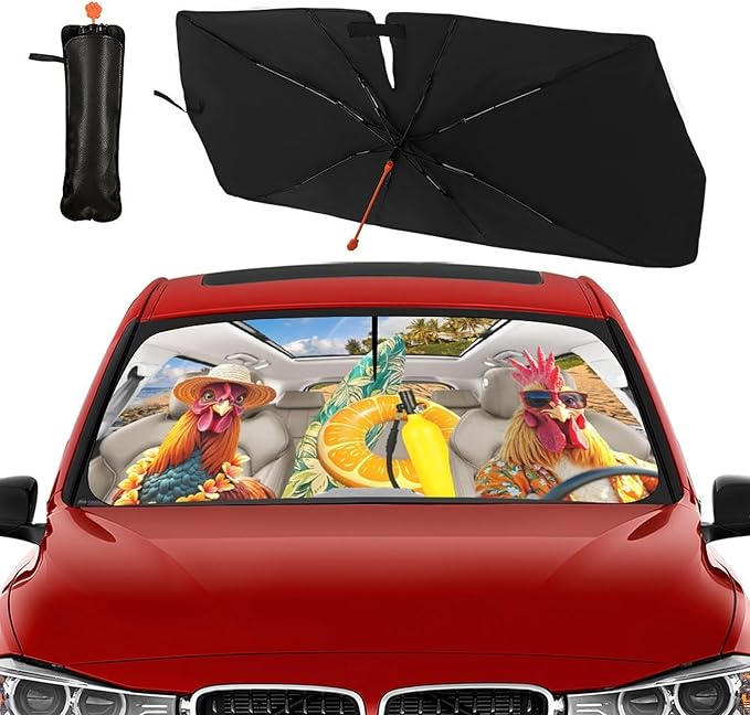 Socira Funny Rooster Chicken Car Windshield Sunshade Umbrella Foldable Umbrella Sun Shade Windshield Cover Sunshade Car Accessories Blocks Uv Rays Keeps Cool (57" X 30")