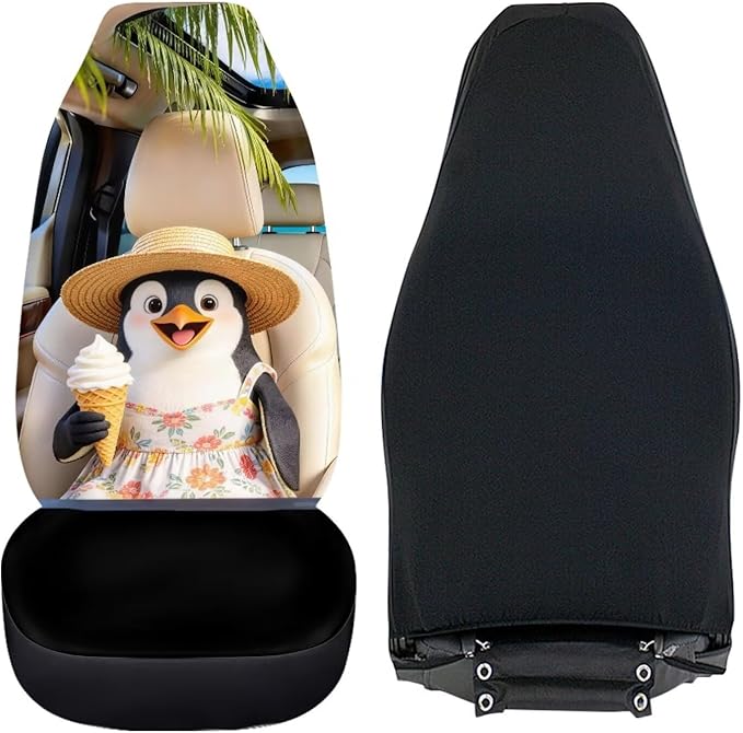 Penguin Front Car Seat Cover 2 Pcs Cute Automobile Front Seat Covers Anti-Slip Back Fabric Protection Interior Accessories Universal Fit for Most Cars SUVs and Sedans
