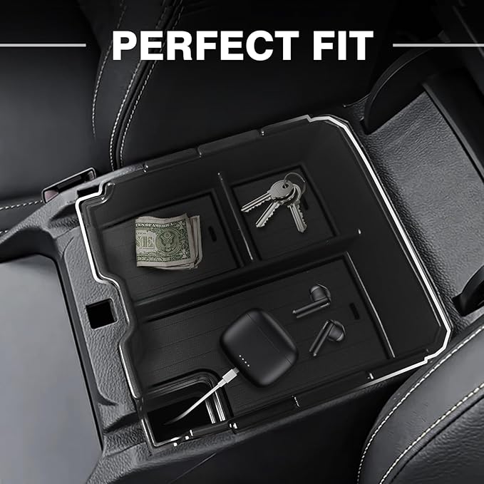 Muslogy Center Console Organizer Compatible with Ford Ranger 2024 2025 2026 & Raptor Accessories Two-Layer Storage Box Insert Tray Secondary Storage Divider Armrest Tray ABS Material Glove Box (Black)