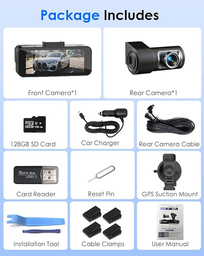 4K+4K Dash Cam Front and Rear, Free 128GB Card Included, 5.8GHz WiFi-20MB/s Fast Download, Dash Camera for Cars with Accurate GPS, G-Sensor, WDR Night Vision, 3.39" IPS Screen, 24H Parking Mode