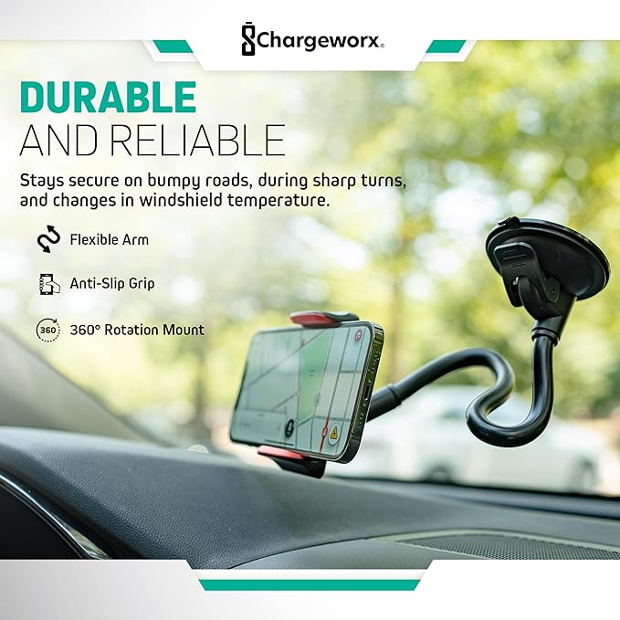 CHARGEWORX Adjustable Windshield Phone Mount for Cars, 14.75” Flexible Gooseneck Cell Phone Holder with Suction Cup, Anti-Slip Clamp Grip, 360-Degree Rotation for iPhone & Samsung