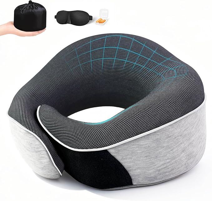 Travel Neck Pillows for Airplanes- 360° Support Memory Foam Travel Pillow with Portable Carry Bag Including Eye Mask & Earplugs, Gift for Long Flights, Car Rides & Office Naps (Grey)