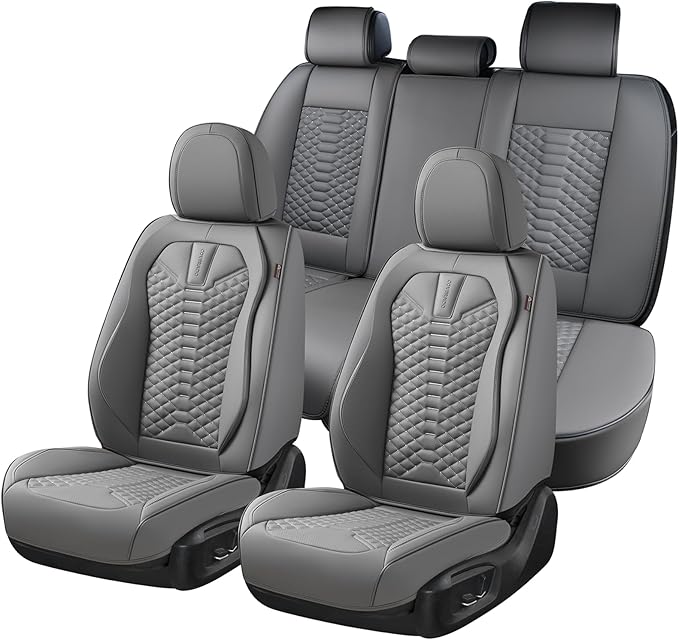 Coverado Car Seat Covers Full Set, Nappa Leather Seat Covers for Cars, 5 Seats Universal Waterproof Seat Covers, Front and Back Car Seat Protector, Automotive Seat Covers Fit for Most Cars, Gray