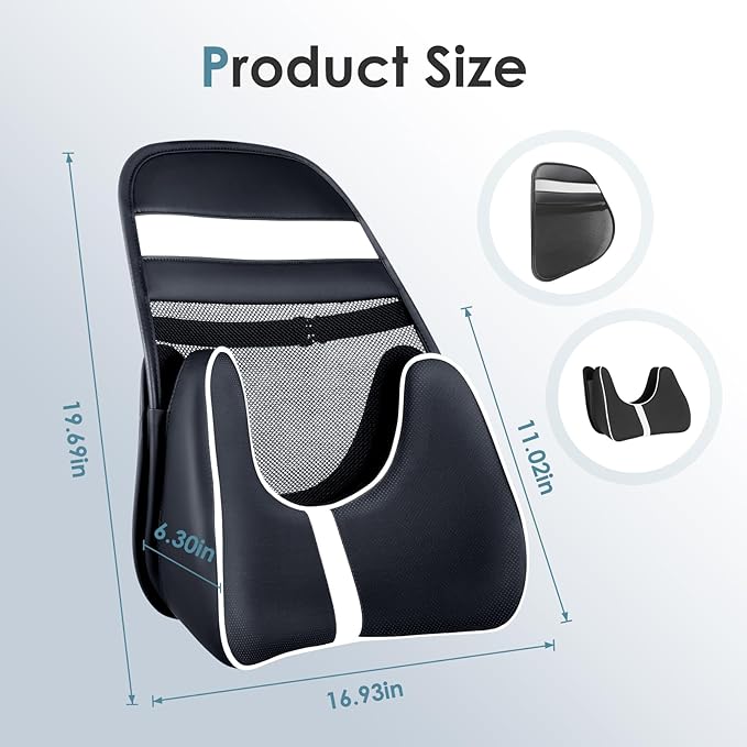 FLORICH Memory Foam Double Layer Breathable Mesh Lumbar Support Ergonomic Leather Lumbar Support Pillow with 3D Mesh Back Support and Adjustable Strap for CarSeat & Office Chair(Black)
