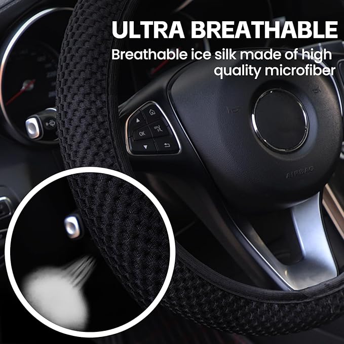 Elastic Stretch Car Steering Wheel Cover, Comfortable Steering Wheel Cover Universal for 14.5-15 Inch, Warm in Winter & Cool in Summer, Anti-Slip Breathable Ice Silk (Black)