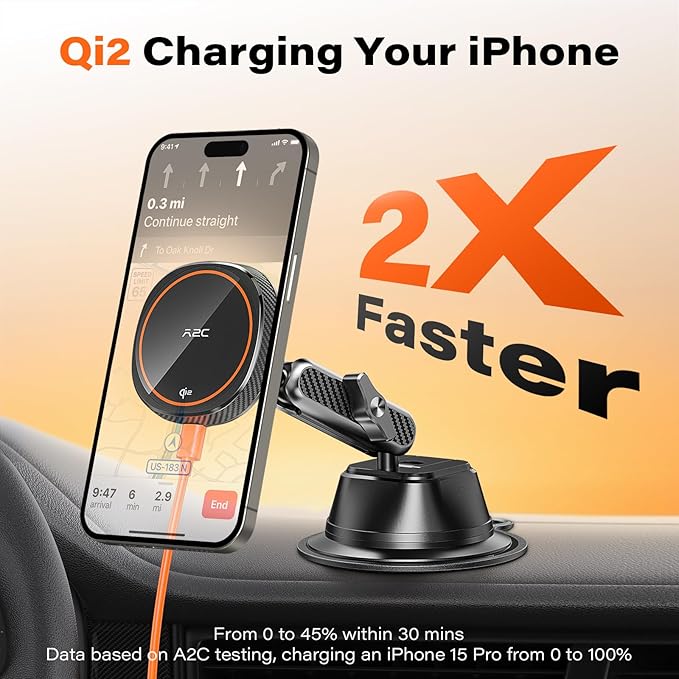 A2C Qi2 15W Wireless Charger for MagSafe Car Mount Charger Magnetic Suction Cup Phone Holder Windshield/Dashboard for iPhone 17/16/15/14/13/12, Aluminum Alloy Arm, for Jeep Wrangler, F150