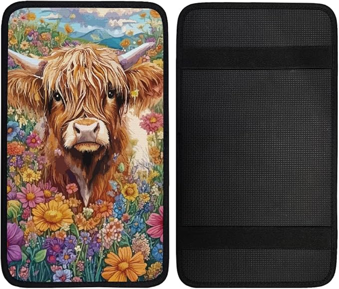 1pc Center Console Armrest Cover Pad 12.6x7.5 inch Highland Cow Neoprene Car Armrest Cushion Waterproof Armrests Seat Box Cover Protector for Universal Cars Vehicles SUVs