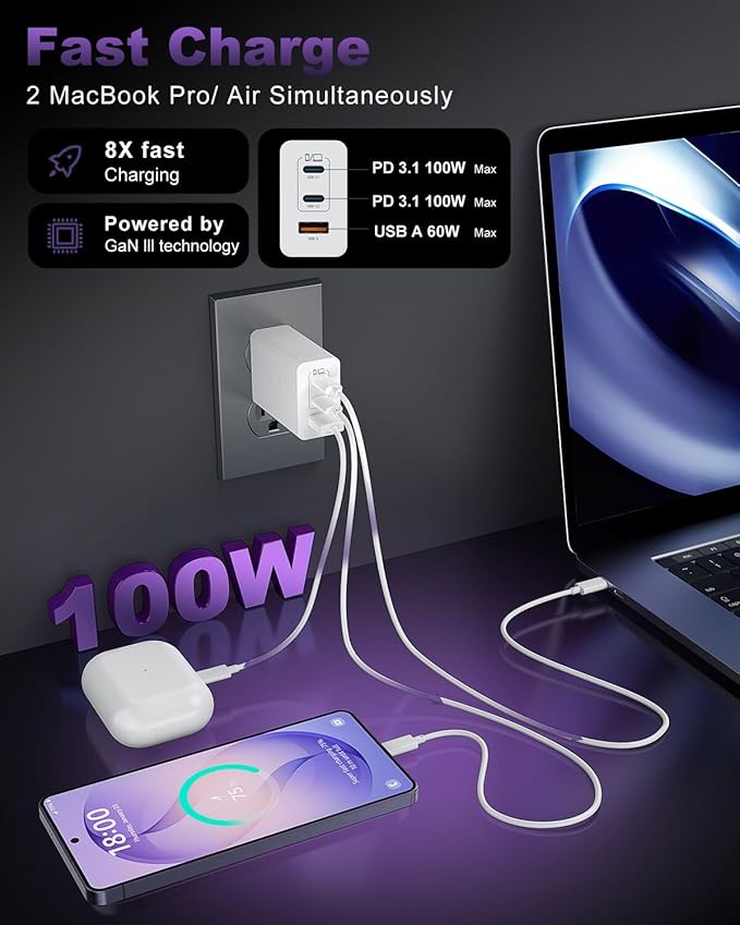 USB C Charger Block 100W, 3-Port GaN Super Fast Phone Charger for Samsung, Type C 65W Laptop Chargers with 10ft USB C Charging Cable for MacBook Pro/Air,iPad Pro, iPhone 17/16, S26 Ultra/S25[2 Pack]