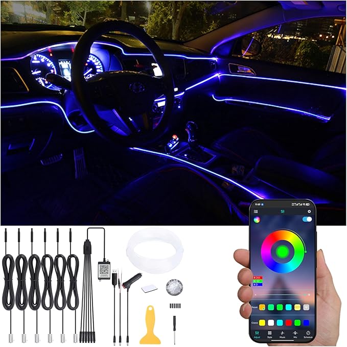 Car Ambient Lighting Optic Fiber 64 Colors Music Sound Active with APP Control Car Decorative Atmosphere Lighting Kit DC 12V 1W 8m