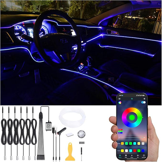 Car Ambient Lighting Optic Fiber 64 Colors Music Sound Active with APP Control Car Decorative Atmosphere Lighting Kit DC 12V 1W 8m