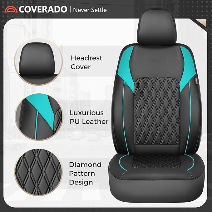 Coverado Front Seat Covers, Car Seat Covers for Cars, Waterproof Driver Seat Covers, Faux Leather Car Seat Cushion, Front Auto Seat Covers Luxury Car Seat Protector Universal Fit Most Cars, Black&Blue