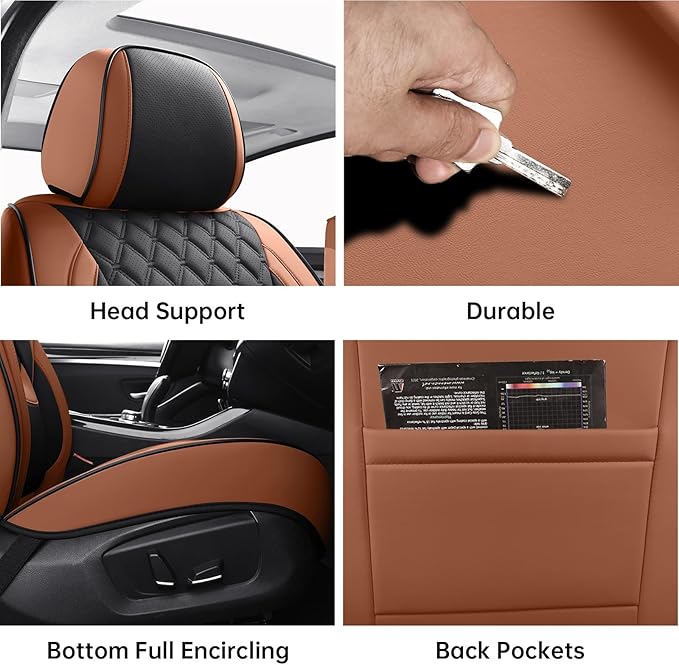 Car Seat Covers Full Set Brown, Luxury Faux Leather Waterproof Non-Slip Women Seat Protector Universal Fit for Most Cars SUVs Trucks Pick-ups,Car Interior Accessories (Brown Black-Full Set)