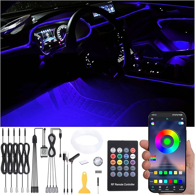 Car Ambient Lighting 64 Colors Multicoloured Music Optic Fiber RF Remote Controller + APP Control Car DIY Decorative Atmosphere Lighting Kit DC 12V 1W 6m