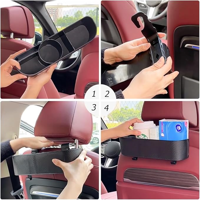 BELOMI 2PCS Car Headrest Backseat Organizer with Cup Holder, Seat Back Hanging Storage Box with Hooks, Multi-Functional Drink Pocket Food Snack Phone Tray for Kids, Car Travel Accessories（Black/2PCS）