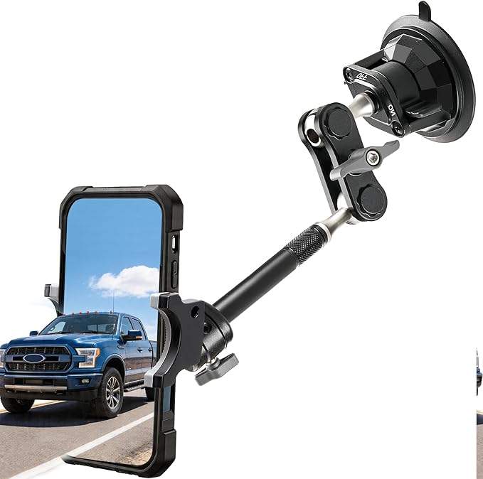 Heavy Duty Truck Phone Mount, Aluminum 360° Rotating Anti-shake Suction Cup Phone Mount, 14.5" Long Arm Metal Windshield Phone Holder for Car Truck Semi, Fits Thick Cases F-150 Silverado RAM Kenworth