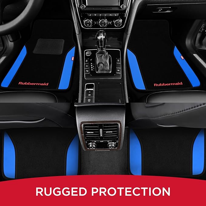 Rubbermaid Car Mats, Carpeted Floor Car Mat with Faux Leather & Built-in Heel Pad, Two-Tone Car Rug Floor Mats, Stylish Carpeted Floor Mats for Cars, Trucks & SUVs Blue Color