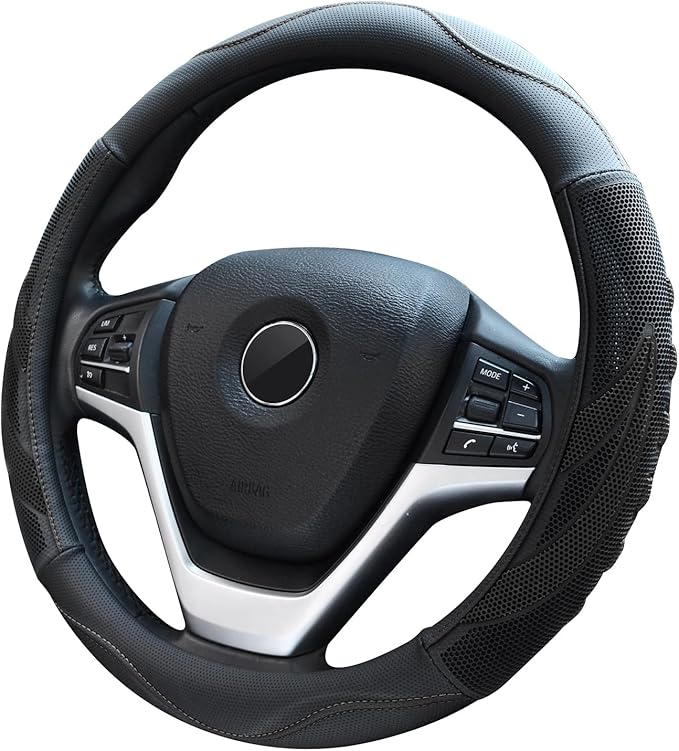 Alusbell Microfiber Leather Steering Wheel Cover Breathable Auto Car Steering Wheel Cover for Men Large-Size with 15 1/2 inches-16 inches Outer Diameter Black