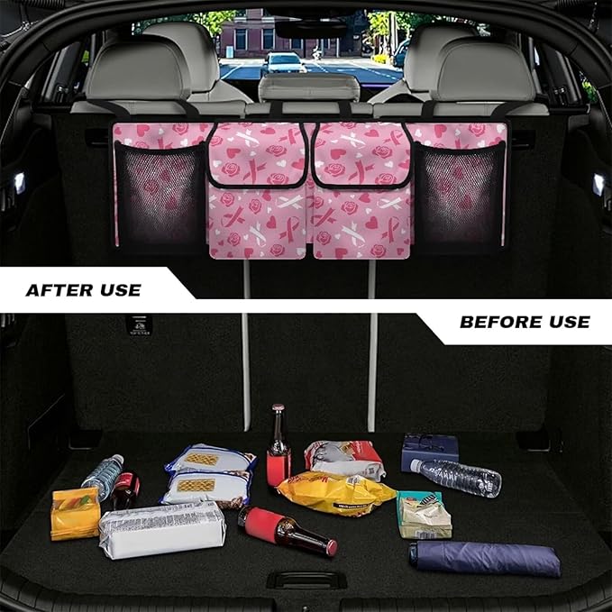 Pink Ribbon Roses Car Trunk Organizer Bag Car Back Seat Storage Bag with 4 Pockets Automotive Interior Accessories for SUV MPV Sedans Pickup Jeep Trucks
